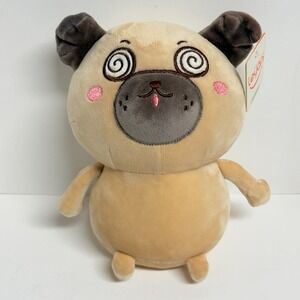 Leyan Pug Dog Plush Toy Spiral Eyes Tan Brown Stuffed Animal 8 Inch NWT